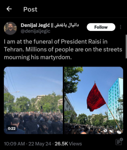 واکنش خبرنگاران و فعالان رسانه ای خارجی به تشییع جنازه باشکوه آیت الله رییسی